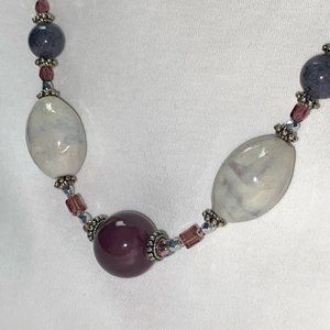Handmade Ceramic Bead Necklace in Purple and Gray